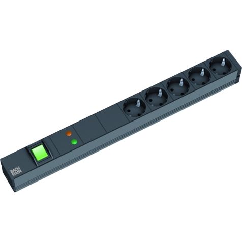 19 1HE 5x Stopcontacten zwart 1x Overspanningsbeveiliging met kabel 2m (SHUKO)