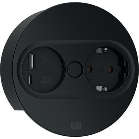 TWIST 2 Ronde (1x Schuko + 1x USB charger A/C 22W) Noir mat RAL9005 + câble 2mtr