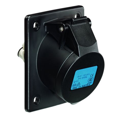 Prise CEE sur embase, inclinée de 20°, noir, IP44, 16 A, 3 pôles, 230 V, 6h, bleu
