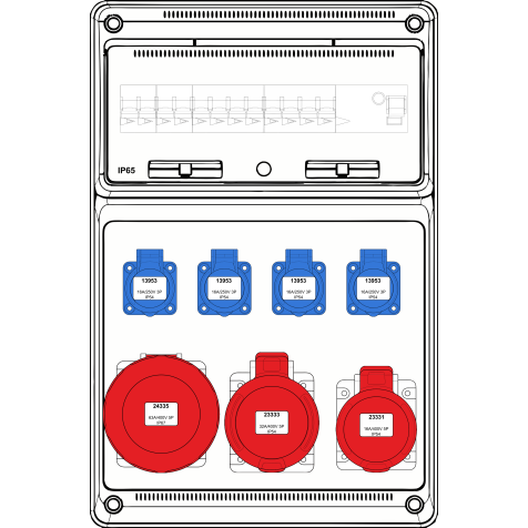 Wandcombi Large -1x 16A 5P 400V + 1x 32A 5P 400V + 1x 63A 5P 400V + 4x mono 230V - diff + aut (4) - 10kA