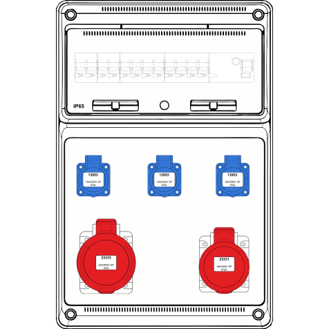 Boîte murale combi Large - 1x 16A 5P 400V + 1x 32A 5P 400V + 3x mono 230V - int + disj (4) - 10kA