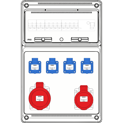 Wandcombi Large - 1x 16A 5P 400V + 1x 32A 5P 400V + 4x mono 230V - diff + aut (4) - 10kA
