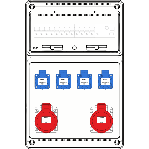 Boîte murale combi Large - 2x 16A 5P 400V + 4x mono 230V - int + disj (4) - 10kA