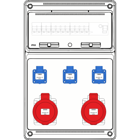 Boîte murale combi Large - 2x 32A 5P 400V + 3x mono 230V - int + disj (4) - 10kA