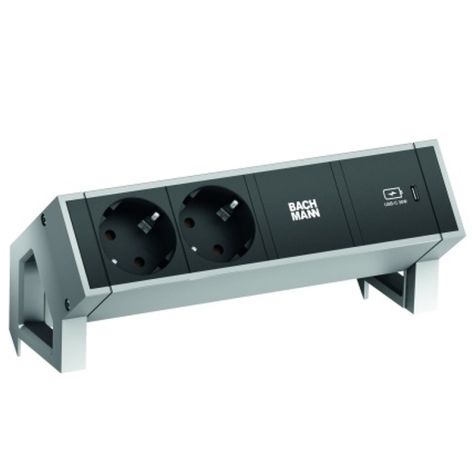 DESK2 3 modulen (2x Stopcontacten 1x USB Charger C30W) Inox met kabel 0,2m GST18i3 (SHUKO)