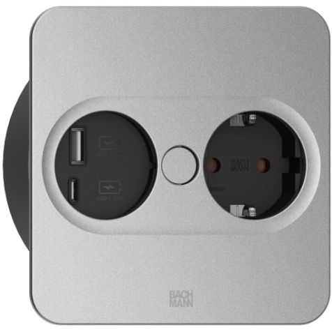 TWIST 2 Vierkant (1x Schuko + 1x USB charger A/C 22W) mat zilver + 2mtr kabel