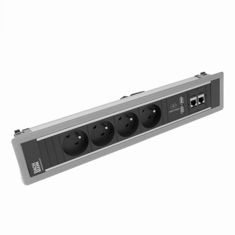 POWER FRAME 6 modules (4xUTE + 1xUSB CHARGER A/A + 2x CAT6 A) zilvergrijs RAL9006