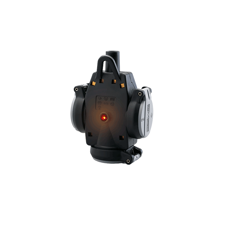 Triple prise SCHUKO suspendue en caoutchouc massif, gris, IP54, avec indicateur de tension