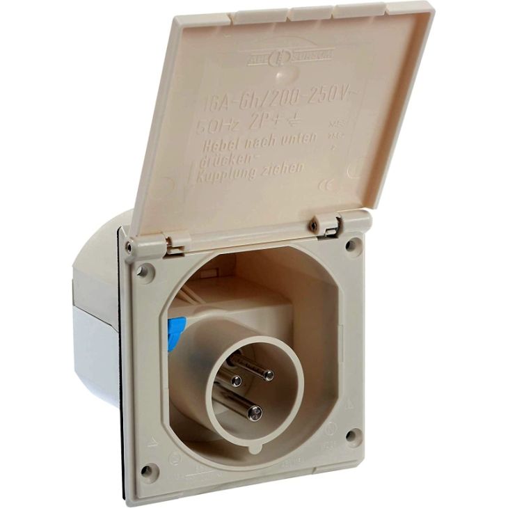 Fiches, interrupteurs et prises de courant - Schwabe - Prise d'alimentation caravane CEE 250V 3 pôles 16A avec clapet - 60484