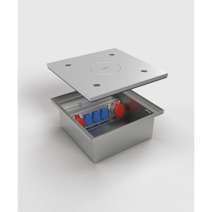 Électrification des bureaux et gestion des câbles - Bodensteckdosen - Réservoir de sol 6523Q - 3x UTE + 1x CEE 5/16A 400V +1x CEE 5/32A 400V - Inox 900 kg avec cilindre IP65 - 6523Q-1-3-FR