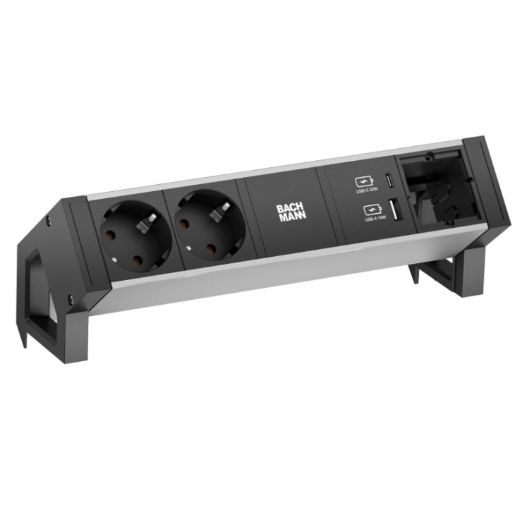 DESK2 4 mod. (2xSchuko+ 1xUSB CHARGEUR A&C 22W+1xVIDE MOD) Alu/noir+0,2m GST18