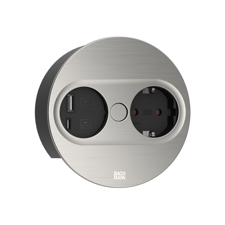 TWIST 2 Ronde (1x Schuko + 1x USB charger A/C 22W) Look acier inoxydable + câble 2mtr