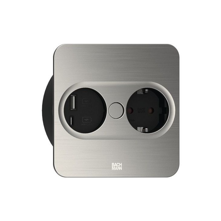 TWIST 2 Carré (1x Schuko + 1x USB charger A/C 22W) Look acier inoxydable + câble 2mtr