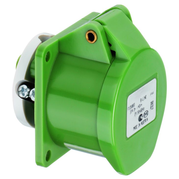 CEE flenscontactdoos recht, IP44, 32A, 3-polig, 24/42V, 4h, groen