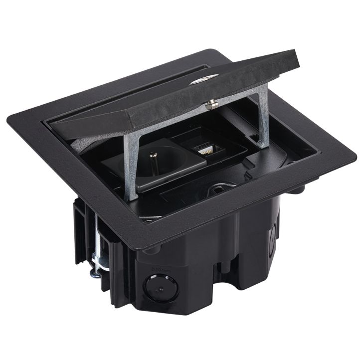 IP66 Kit vloerdoos zwart met stopcontact en RJ45 CAT6a, incl. inbouwdoos technische vloer 